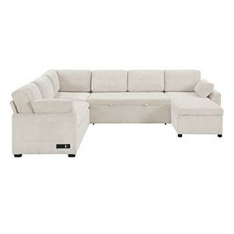Trikiousd 111" Convertible U-Shaped Sectional Sofa Bed with Reversible Chaise and USB Ports