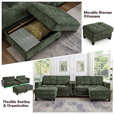 Trikiousd 126" U-Shaped Sectional Sofa with LED Lights, Bluetooth Speakers and Storage Ottomans