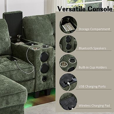 Trikiousd 126" U-Shaped Sectional Sofa with LED Lights, Bluetooth Speakers and Storage Ottomans