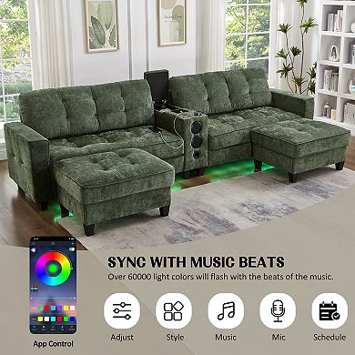 Trikiousd 126" U-Shaped Sectional Sofa with LED Lights, Bluetooth Speakers and Storage Ottomans