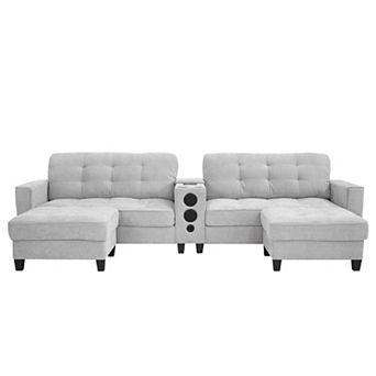Trikiousd 126" U-Shaped Sectional Sofa with LED Lights, Bluetooth Speakers and Storage Ottomans