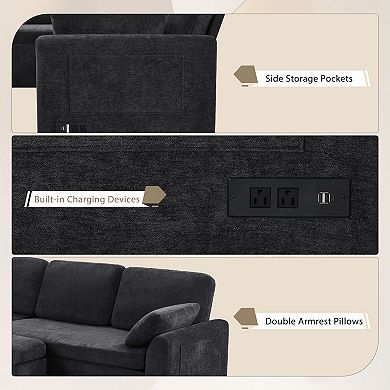 Trikiousd 111" Convertible Sectional Sofa Bed with Reversible Chaise and USB Ports
