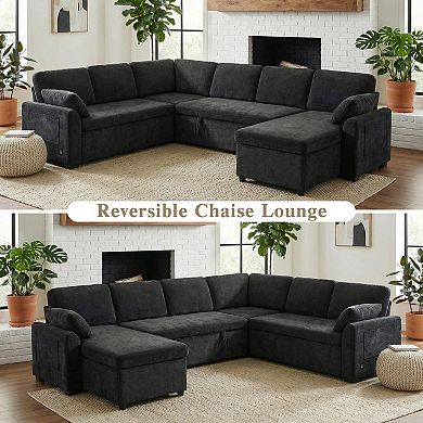 Trikiousd 111" Convertible Sectional Sofa Bed with Reversible Chaise and USB Ports