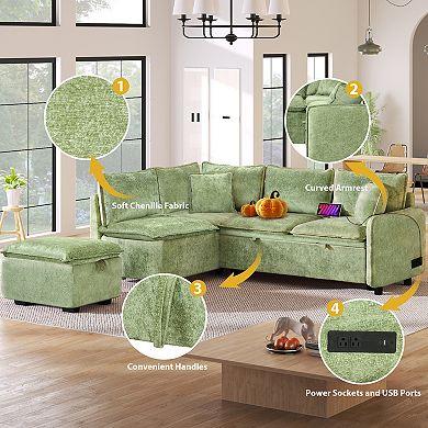 Trikiousd 82.67" L-Shaped Sleeper Sofa with Storage Ottoman and USB Ports