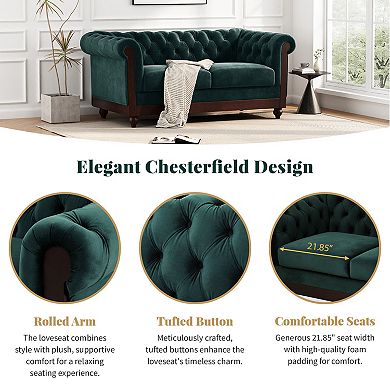 Trikiousd 59.44" Chesterfield Velvet Loveseat Sofa with Tufted Back and Rolled Arms