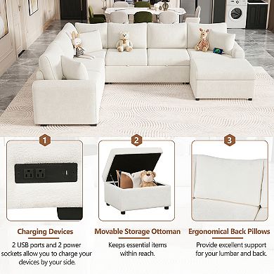Trikiousd 112.2" Sectional Sofa Bed with Storage Ottoman and USB Ports