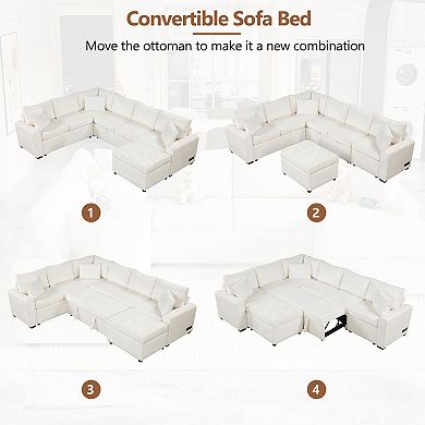Trikiousd 112.2" Sectional Sofa Bed with Storage Ottoman and USB Ports