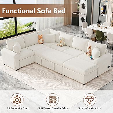 Trikiousd 112.2" Sectional Sofa Bed with Storage Ottoman and USB Ports