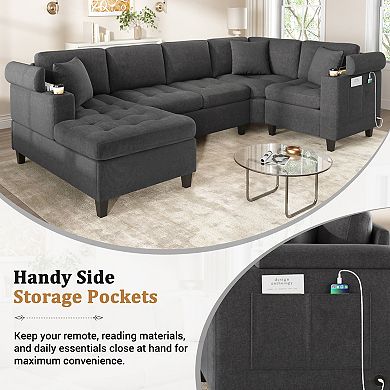 Trikiousd 115.7" U-Shaped Sectional Sofa with Storage Cup Holders and USB Ports