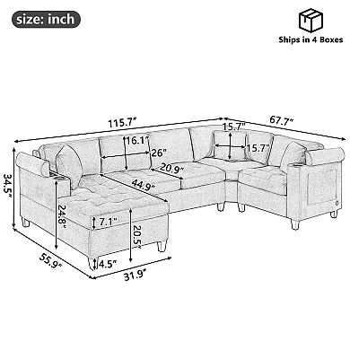 Trikiousd 115.7" U-Shaped Sectional Sofa with Storage Cup Holders and USB Ports