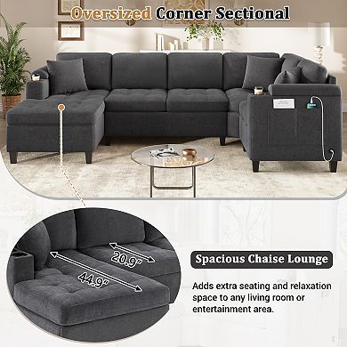 Trikiousd 115.7" U-Shaped Sectional Sofa with Storage Cup Holders and USB Ports