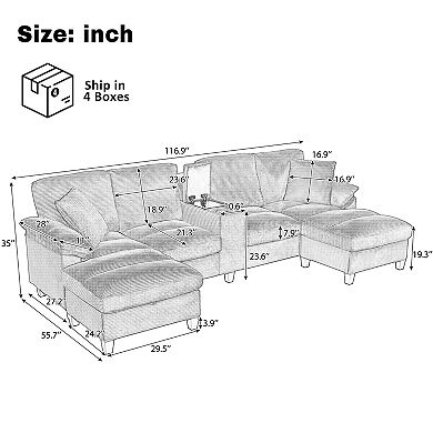 Trikiousd 116.9" U-Shaped Sectional Sofa with Storage Ottomans and USB Ports