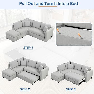 Trikiousd 82.6" L-Shaped Sleeper Sofa with Storage Ottoman and USB Ports