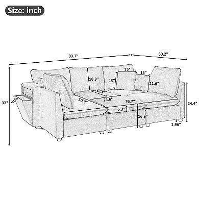 Trikiousd 93.7" Modular Sectional Sofa with Ottoman, Storage Armrests and USB Ports