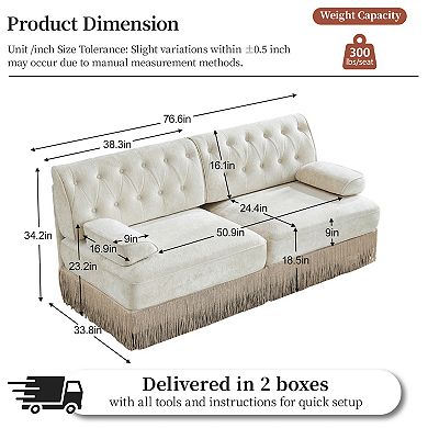 Trikiousd Modular Chesterfield Loveseat Sectional Sofa with Tufted Backrest and Tassel Skirt
