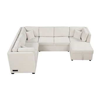 Trikiousd 108.6" U-Shaped Sectional Sofa Bed with Storage Chaise and USB Ports