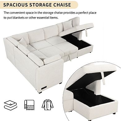 Trikiousd 108.6" U-Shaped Sectional Sofa Bed with Storage Chaise and USB Ports