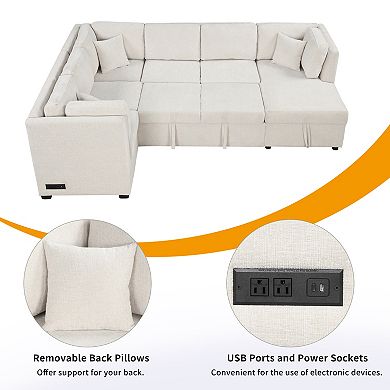 Trikiousd 108.6" U-Shaped Sectional Sofa Bed with Storage Chaise and USB Ports