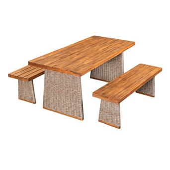 Trikiousd 3 pc Acacia Wood Patio Dining Set with Rattan Legs Table and Benches