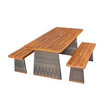 Trikiousd 3 pc Acacia Wood Patio Dining Set with Rattan Legs Table and Benches