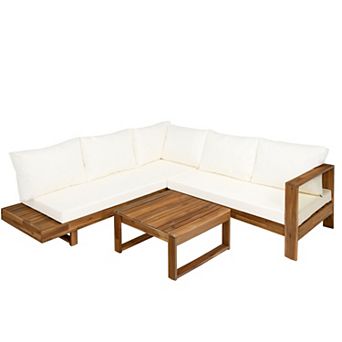Trikiousd 4 pc Acacia Wood Patio Sectional Sofa Set with Cushions and Table
