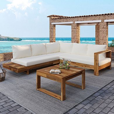 Trikiousd 4-Piece Acacia Wood Patio Sectional Sofa Set with Cushions and Table