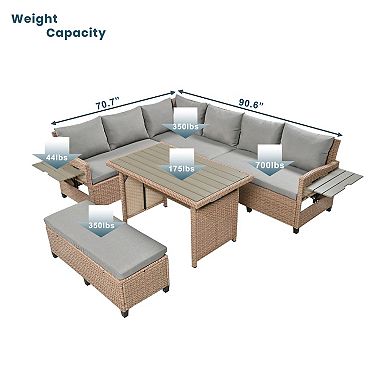 Trikiousd 5-Piece Outdoor Patio Rattan Sectional Sofa Set with Dining Table and Side Tables