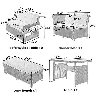 Trikiousd 5-Piece Outdoor Patio Rattan Sectional Sofa Set with Dining Table and Side Tables
