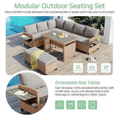 Trikiousd 5-Piece Outdoor Patio Rattan Sectional Sofa Set with Dining Table and Side Tables