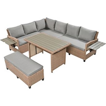 Trikiousd 5 pc Outdoor Patio Rattan Sectional Sofa Set with Dining Table and Side Tables