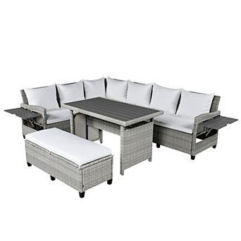 Trikiousd 5 pc Outdoor Patio Rattan Sectional Sofa Set with Dining Table and Side Tables