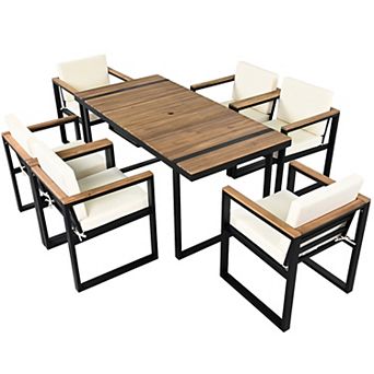 Trikiousd 7 pc Outdoor Dining Set with Cushions, Umbrella Hole Patio Table & Chairs