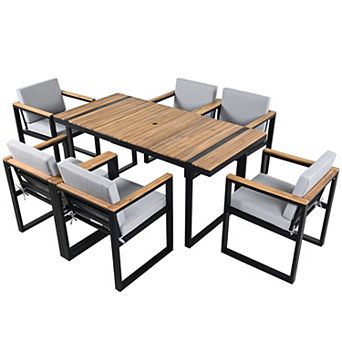 Trikiousd 7 pc Outdoor Dining Set with Cushions, Umbrella Hole Patio Table & Chairs