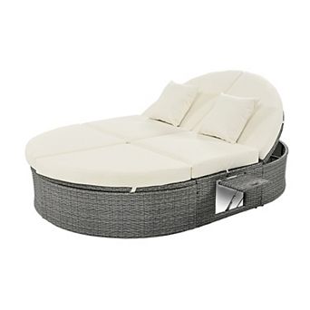 Trikiousd 2-Person Outdoor Patio Daybed Rattan Chaise Lounge with Adjustable Backrests and Trays