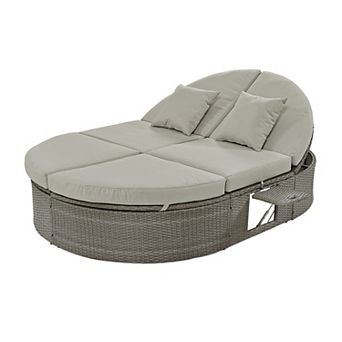 Trikiousd 2-Person Outdoor Patio Daybed Rattan Chaise Lounge with Adjustable Backrests and Trays
