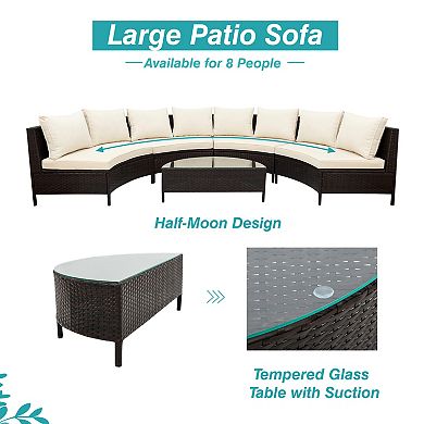 Trikiousd 5-Piece Half Moon Patio Rattan Sectional Sofa Set with Cushions and Glass Table