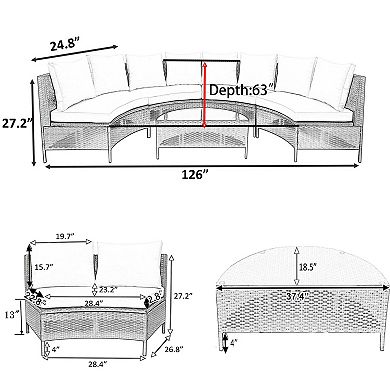 Trikiousd 5-Piece Half Moon Patio Rattan Sectional Sofa Set with Cushions and Glass Table