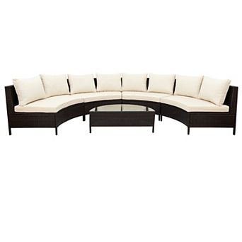 Trikiousd 5 pc Half Moon Patio Rattan Sectional Sofa Set with Cushions and Glass Table
