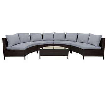 Trikiousd 5 pc Half Moon Patio Rattan Sectional Sofa Set with Cushions and Glass Table