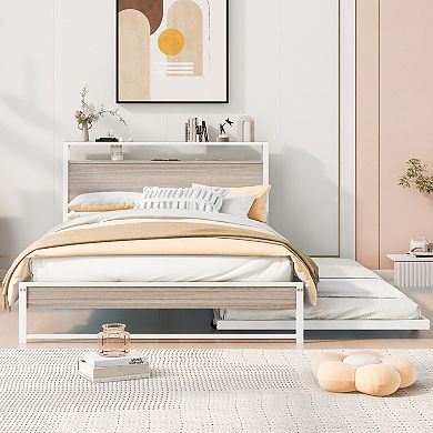 Trikiousd Metal Daybed with Trundle, USB Ports and Storage Shelves