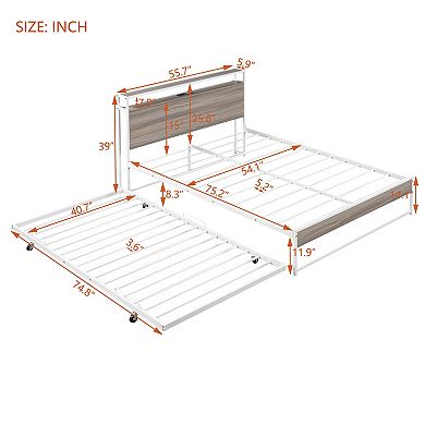 Trikiousd Metal Daybed with Trundle, USB Ports and Storage Shelves