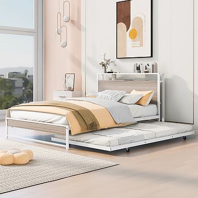 Trikiousd Metal Daybed with Trundle, USB Ports and Storage Shelves