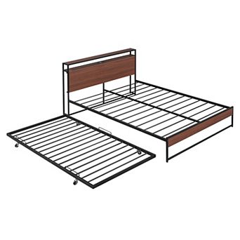 Trikiousd Metal Daybed with Trundle, USB Ports and Storage Shelves