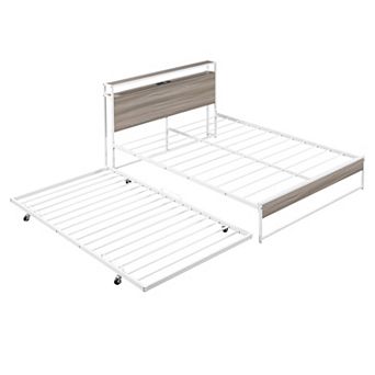 Trikiousd Metal Daybed with Trundle, USB Ports and Storage Shelves