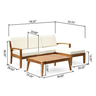 Trikiousd 3-Piece L-Shaped Acacia Wood Patio Sectional Sofa Set with Ottoman and Table