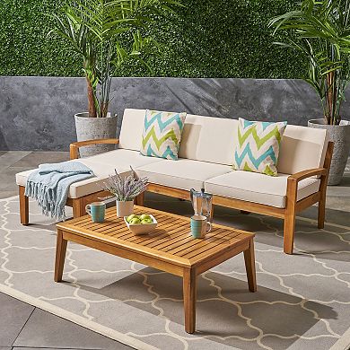 Trikiousd 3-Piece L-Shaped Acacia Wood Patio Sectional Sofa Set with Ottoman and Table