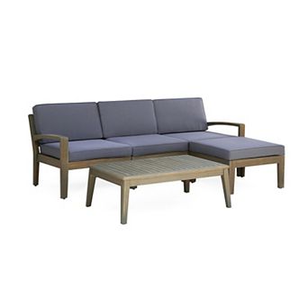 Trikiousd 3 pc L-Shaped Acacia Wood Patio Sectional Sofa Set with Ottoman and Table