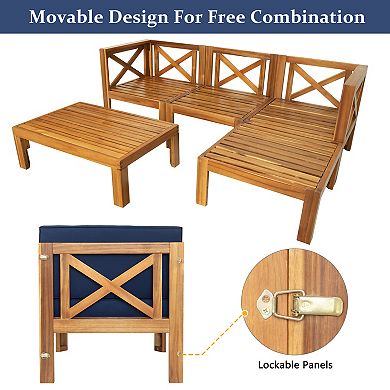 Trikiousd 5-Piece Patio Wood Sectional Sofa Set with Cushions and Coffee Table