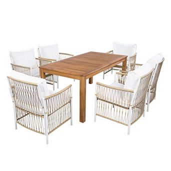 Trikiousd 67" Outdoor Patio Wooden Dining Table Set with Rattan Chairs and Cushions