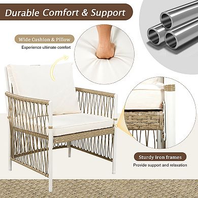 Trikiousd 67" Outdoor Patio Wooden Dining Table Set with Rattan Chairs and Cushions